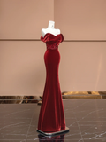 Burgundy Mermaid Off the Shoulder Sequin Velvet Long Prom Dress Party Dress HZ1023