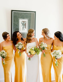 Simple Sheath Spaghetti Strap Yellow Satin Long Party Dress Bridesmaid Dress with Slit HZ1023