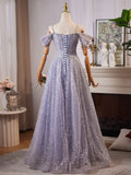A Line Off the Shoulder Sequin Rhinestones Tulle Long Prom Dress Evening Dress HZ1023