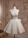 A Line V Neck Lace Bow Tulle Short Prom Dress Homecoming Dress HZ1023