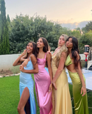 Blue Sheath Corset Satin Long Prom Dress Evening Dress with Slit HZ1023