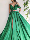 Green Satin Flower Prom Dresses High Split Side Cold Shoulder Appliques Formal Evening Party Gowns HZ1023