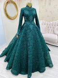 Teal Green Lace Appliques Muslim Prom Dress High Neck Long Sleeve Dubai Kaftan Saudi Arabic Evening Formal Party Gown HZ1023