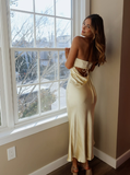 Light Yellow Sheath Strapless Satin Open Back Prom Dress Evening Dress HZ1023