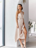 Elegant A Line One Shoulder Pleated Apricot Satin Bridesmaid Dress Evening Dress HZ1023