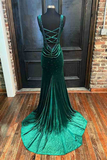 Green V-Neck Velvet Long Mermaid Prom Dress With Beaded HZ1023