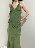 Vintage Sheath Halter Green Beaded Chiffon Open Back Evening Dress Party Dress HZ1023