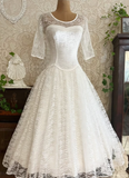 Vintage A Line Round Neck Long Sleeve Lace Satin Prom Dress Wedding Dress HZ1023