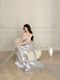 Gorgeous Mermaid Strapless Beaded Silver Satin Tulle Long Evening Dress Ball Gown HZ1023