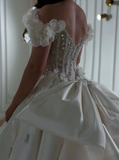 Gorgeous Exquisite A Line Off the Shoulder Flower Rhinestone White Satin Long Wedding Dress Date Dress HZ1023