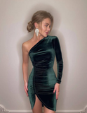 Emerald Sheath Long Sleeve Pleated Velvet Mini Homecoming Dress Cocktail Dress HZ1023