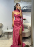 Pink A Line Sweetheart Neck Beaded Lace Prom Dress Evening Dress with Slit HZ1023
