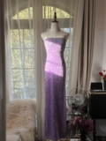 Shiny Sheath Strapless Beaded Purple Chiffon Long Party Dress Evening Dress HZ1023