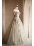 Light Camel A Line Off the Shoulder Floral Tulle Long Party Dress Prom Dress Formal Dress HZ1023