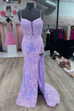 Sequins Lace Applique Spaghetti Straps Long Prom Dress With Slit HZ1023