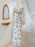 Elegant Mermaid Long Sleeve Blue Floral Chiffon Prom Dress Party Dress Outfits HZ1023