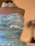 1940s Teal Vintage A Line Strapless Layered Organza Gown Homecoming Dress HZ1023