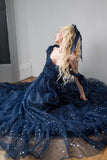 Star Sequin Navy Blue A Line Straps Layered Tulle Date Dress Prom Dress Evening Dress HZ1023