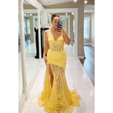Luxurious Mermaid Spaghetti Straps Side Slit Lace Applique Tulle Prom Dress HZ1023