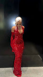 Elegant Mermaid Sequin Red Floor Length Black Girl Prom Dresses HZ1023