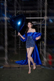 Royal Blue Sheath Strapless Sequin Satin Short Prom Dress Homecoming Dress HZ1023