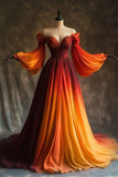 Unique A Line Long Sleeve Orange Ombre Chiffon Prom Dress Evening Dress HZ1023