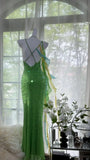 Shiny Sheath Spaghetti Strap Sequin Beaded Green Chiffon Open Back Party Dress Evening Dress HZ1023