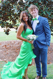 Green Sweetheart Neck Ruffle Satin Long Prom Dress Evening Dress with Slit HZ1023