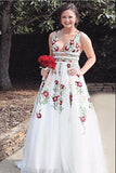 Charming V neck A Line Prom Dress with Embroidery, Open Back Evening Dress HZ1023