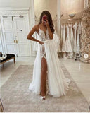 Fashion V-neck A Line White Front Slit Wedding Dress with Appliques HZ1023