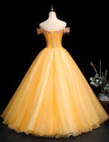 Yellow Tulle Off Shoulder Long Custom Size Senior Prom Dress, Evening Dress HZ1023