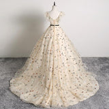 Pretty Champagne Floral Tulle V Neck Floor Length Customize Prom Dress, Formal Dress HZ1023