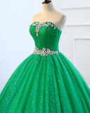 Strapless Green Sequins Tulle Long A Line Beaded Prom Dress, Formal Dress HZ1023