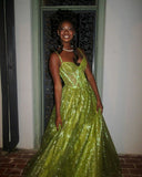 Stunning Green A Line Spaghetti Strap Corset Sequin Long Prom Dress Evening Dress HZ1023