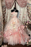 Vintage Light Pink Ball Gown Strapless Floral Layered Organza Prom Dress 16th Birthday Dress HZ1023