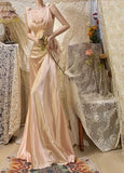 Sweet Pink 3D Rose A Line V Neck Satin Long Prom Dress Date Dress HZ1023