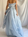 Baby Blue A Line Sweetheart Neck White Lace Chiffon Long Prom Dress Party Dress HZ1023