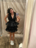Black Deep V Tulle Short Prom Dress Homecoming Dress HZ1023