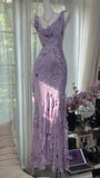 Gentle Retro Mermaid Straps Print Floral Purple Satin Prom Dress Formal Dress HZ1023