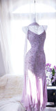 Gentle Mermaid Spaghetti Strap Beaded Purple Chiffon Party Dress Evening Dress HZ1023