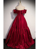 Elegant A Line Off-the-shoulder Burgundy Satin Long Prom Dress Evening Dress HZ1023