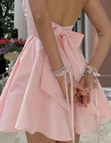 Pink A Line Straps Satin Short Homecoming Dress Cocktail Dress with Bow HZ1023