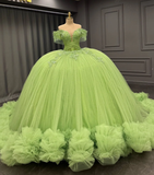 Romantic Poofy Off the Shoulder Beaded Green Tulle Ball Gown Quinceanera Dress HZ1023