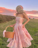 Princess A Line Strapless Print Floral Pink Satin Prom Dress Evening Dress HZ1023