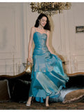 Gentle Mermaid Spaghetti Straps Tiered Pleated Blue Satin Evening Dress Party Dress HZ1023