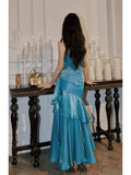 Gentle Mermaid Spaghetti Straps Tiered Pleated Blue Satin Evening Dress Party Dress HZ1023
