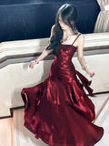 Gentle Mermaid Spaghetti Straps Tiered Pleated Burgundy Satin Evening Dress Party Dress HZ1023