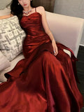 Gentle Mermaid Spaghetti Straps Tiered Pleated Burgundy Satin Evening Dress Party Dress HZ1023