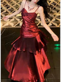 Gentle Mermaid Spaghetti Straps Tiered Pleated Burgundy Satin Evening Dress Party Dress HZ1023