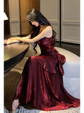 Gentle Mermaid Spaghetti Straps Tiered Pleated Burgundy Satin Evening Dress Party Dress HZ1023